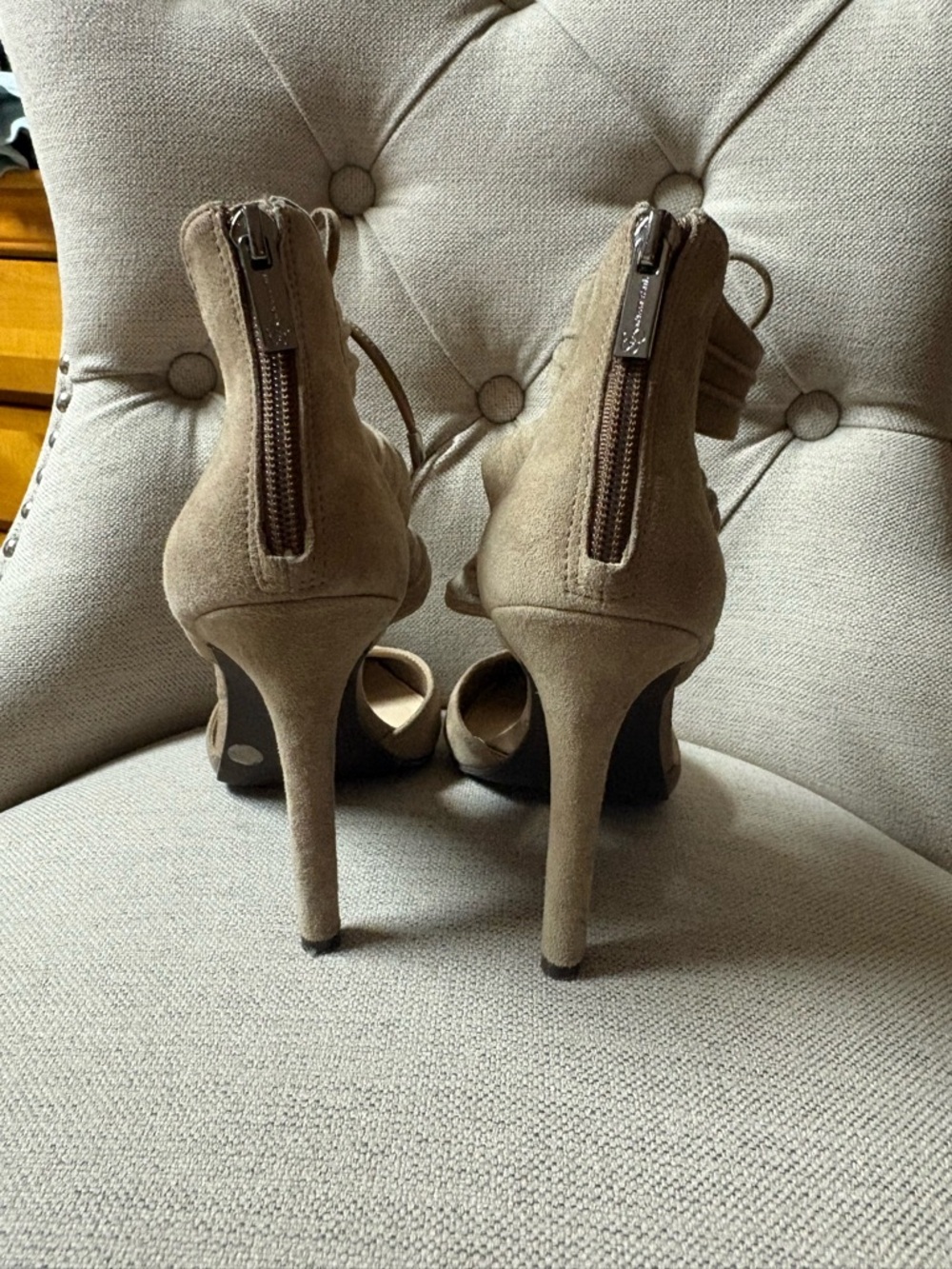 Jessica Simpson Pointed-Toe Suede Lace-Up Heels in Taupe - Picture 4 of 11